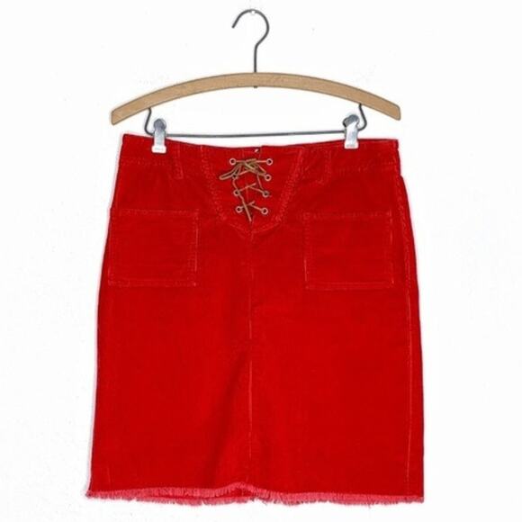 TOMMY JEANS Hilfiger Y2K Red Lace-Up Corduroy Raw Hem Mini Skirt 9 Medium EUC - Picture 1 of 5